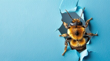 A humorous bee peers through a ripped hole in a contrast pastel color paper background, Ai Generated
