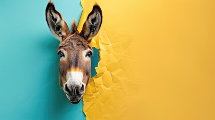 A humorous donkey peers through a ripped hole in a contrast pastel color paper background, Ai Generated