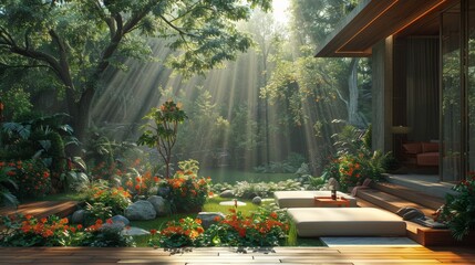 Lush garden adjacent to a modern home with vibrant flowers and serene atmosphere - obrazy, fototapety, plakaty