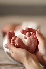 The mother gently holds the legs of the newborn baby in her palms. Concept of motherhood.