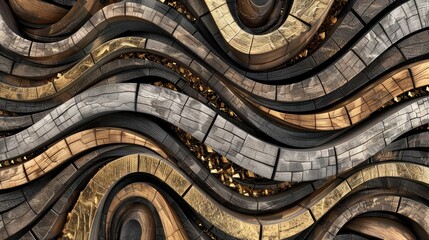 Elevate your space with a 3D wallpaper mimicking a luxurious wood and gold mosaic decor. Ai Generated. - obrazy, fototapety, plakaty