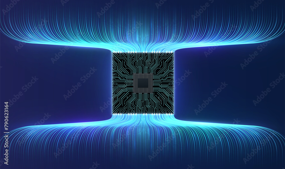 Poster circuit board with high-speed wireless data lines. concept of visualization big data, central comput