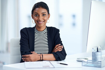 Lawyer, portrait and smile with office, confidence and working for professional law firm. Woman,...