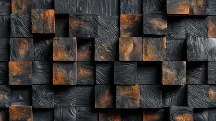 Explore the artistry of abstract wooden 3D cubes stacked against a black wood texture backdrop. Ai Generated.