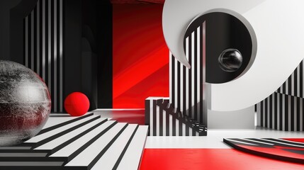 Bold black, white, and red abstract geometric presentation, Ai Generated.