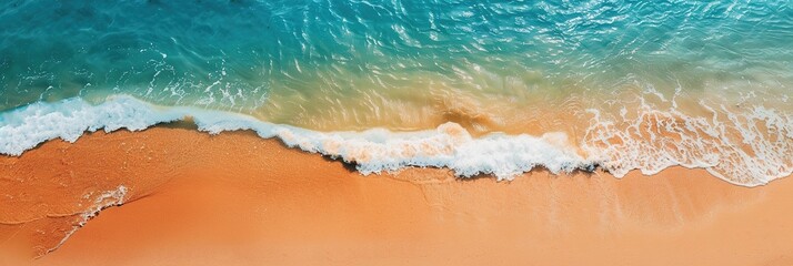 banner with waves surf with amazing blue ocean lagoon, sea shore, coastline. Relaxing aerial beach scene, summer vacation holiday template. aerial drone top view. Peaceful bright beach, seaside