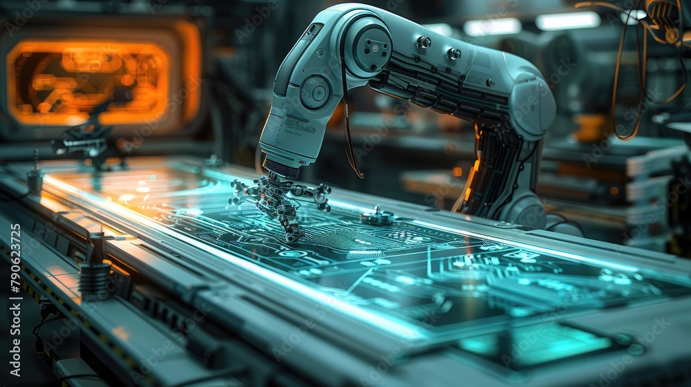 Aufkleber a futuristic sewing table, robotic arms intricately patching fabric with glowing digital threads, fa