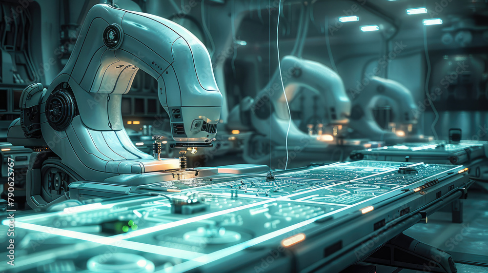 Aufkleber A futuristic sewing table, robotic arms intricately patching fabric with glowing digital threads, fabric adorned with circuit patterns, high-tech workshop setting. Generative AI.