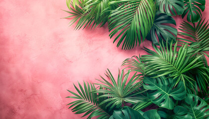 green palm tree branch leaves background or wallpaper on a pink backdrop