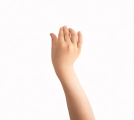 Close-up of child hand holding some like a blank object isolated on a white background