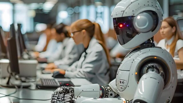 Robot Among Professionals: The Future of Office Automation. Concept Office Automation, Robotics, Future Workforce, Technology, Artificial Intelligence