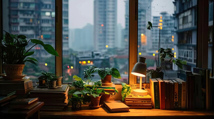 View from a plant-cluttered desk out a window into a rainy city
