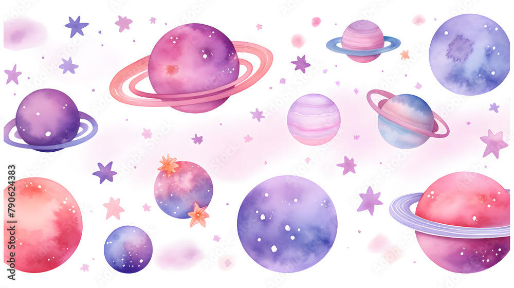 Wall mural Hand drawn colorful watercolor space set of planet isolated of white background
