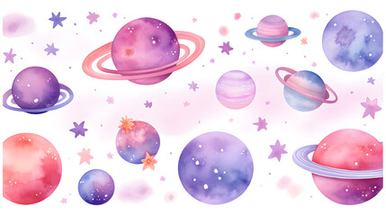 Hand drawn colorful watercolor space set of planet isolated of white background
