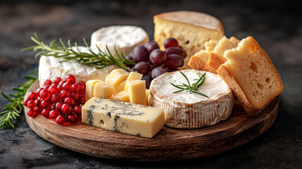 Plate of assorted cheeses with rosemary, pomegranate on wooden background