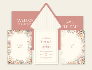 Luxury wedding invitation card background with watercolor roses flower and botanical leaves.