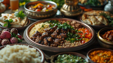 Arabic Cuisine Middle Eastern traditional lunch, It's also Ramadan, hyperrealistic food photography - obrazy, fototapety, plakaty