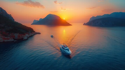 Aerial view of the speed boat in clear blue water at sunset in summer. Top view from drone of fast floating yacht in mediterranean sea. Travel in Oludeniz, Turkey. Tropical landscape with motorboat
