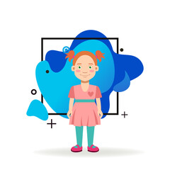 Smiling little girl with ponytails. Flat vector illustration. Red-haired child in pink dress. Childhood, parenting, kindergarten concept for web design, banner or landing page
