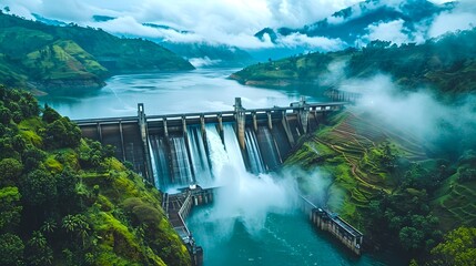 Fototapeta premium Majestic dam nestled in misty mountains, a serene artificial lake forms. Serenity meets human ingenuity. Scenic landscape photography. AI