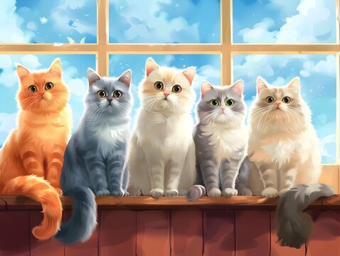 Curious Cats of Diverse Breeds Peer from Windowsills in D Illustrated Style
