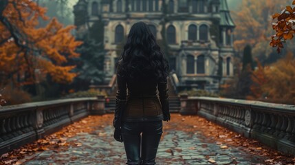 Shiny black-haired woman with vintage suit, boots seen from behind in a cinematic autumn aesthetic castle garden. Generative AI.