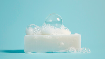 A close-up of a square bar of soap, with a soap bubble on top. Blue background. Raw graphic photos. Cosmetics advertising materials.