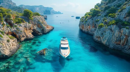 Aerial view of the speed boat in clear blue water at sunset in summer. Top view from drone of fast floating yacht in mediterranean sea. Travel in Oludeniz, Turkey. Tropical landscape with motorboat - Powered by Adobe