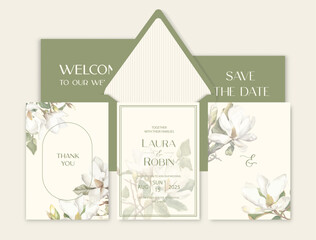 Luxury wedding invitation card background with watercolor magnolia flower and botanical leaves.