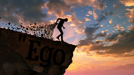 A man stands on top of a box with the word EGO written on it. The sky is orange and the man is silhouetted against the backdrop - obrazy, fototapety, plakaty