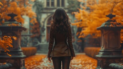 Shiny black-haired woman with vintage suit, boots seen from behind in a cinematic autumn aesthetic castle garden. Generative AI.
