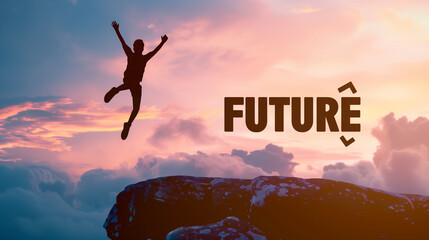 A man is jumping over a rock with the word "future" written below him. Concept of determination and ambition, as the man is reaching for something beyond his current reach