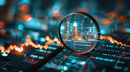 Analytical research in the economy, magnifying glass examining financial data