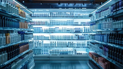 A large shelf with white bottles of shampoo in the center, surrounded by shelves filled with various hair care products and tools. The background is an empty supermarket. Generative AI.