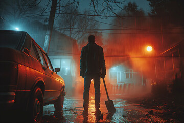 silhouette of maniac killer male with a shovel in hand near a car in city at night in the rain - obrazy, fototapety, plakaty