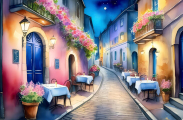 Fototapeta na wymiar watercolor postcard with an old medieval European night street with an outdoor cafe