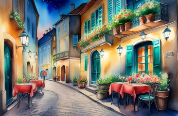 watercolor postcard with an old medieval European night street with an outdoor cafe - obrazy, fototapety, plakaty