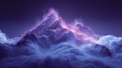 Majestic mountain peak enveloped in mist at night with a vibrant glow