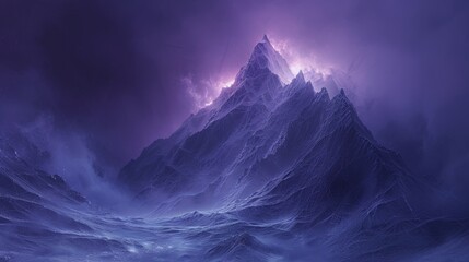 Majestic mountain peak enveloped in mist at night with a vibrant glow