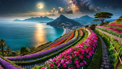 Firefly terraces of colorful flower garden under a bright moonlight overlooking the sea