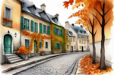 watercolor postcard with an old autumn medieval European street with a paved road