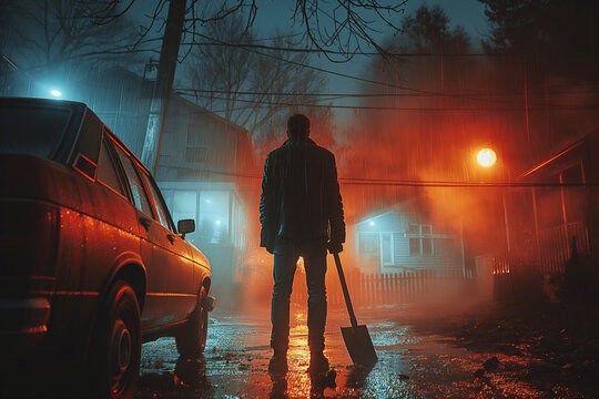 silhouette of maniac killer male with a shovel in hand near a car in city at night in the rain