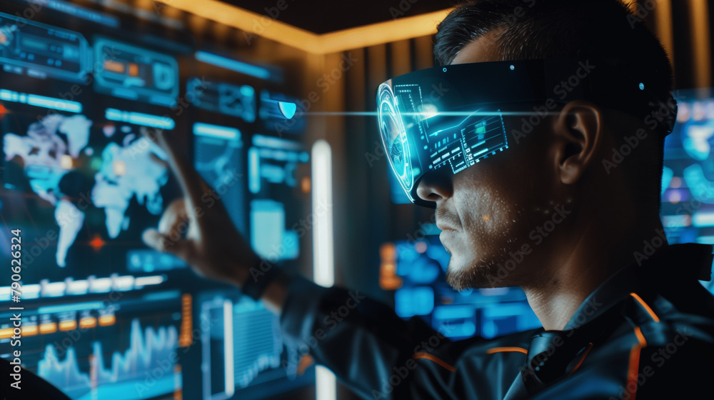 Poster data scientist or software engineer working with virtual ai technology, man using vr technology