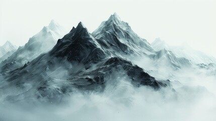 Ethereal black and white mountain range shrouded in mysterious fog - obrazy, fototapety, plakaty