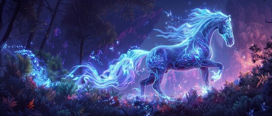 Neon glowing horse, phantasmal and vibrant, set against a dark, iridescent forest