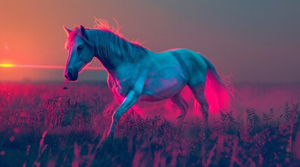 Iridescent horse, neon colors glowing vibrantly, captured in a phantasmal, otherworldly setting - obrazy, fototapety, plakaty