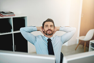 Naklejka premium Business man, portrait and stretching at office desk for accounting, finance and startup or budget solution. Accountant, broker or worker on a break, done or relaxing with smile for confidence in job