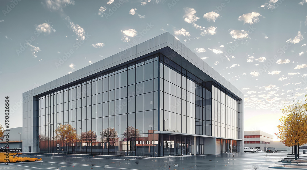 Poster exterior design of the factory workshop and office building. generative ai.
