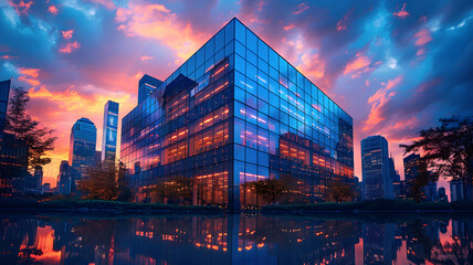 Modern office building with reflection in the City downtown at sunset, urban architecture concept