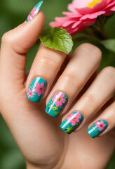 Nail art close-up, floral designs, feminine charm, vibrant shades, glossy finish, woman hand with nail polish, minimalist nail art and design, female hand model